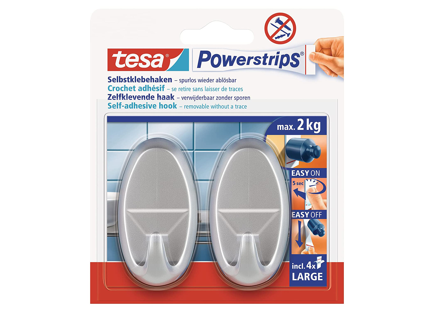TESA POWERSTRIPS HAKEN OVAAL MAT CHROOM LARGE 2 STK