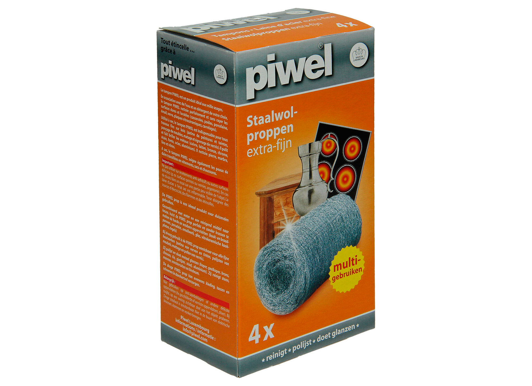 PIWEL STAALWOLPROPPEN EXTRA FIJN - ZONDER ZEEP - 4 STUKS