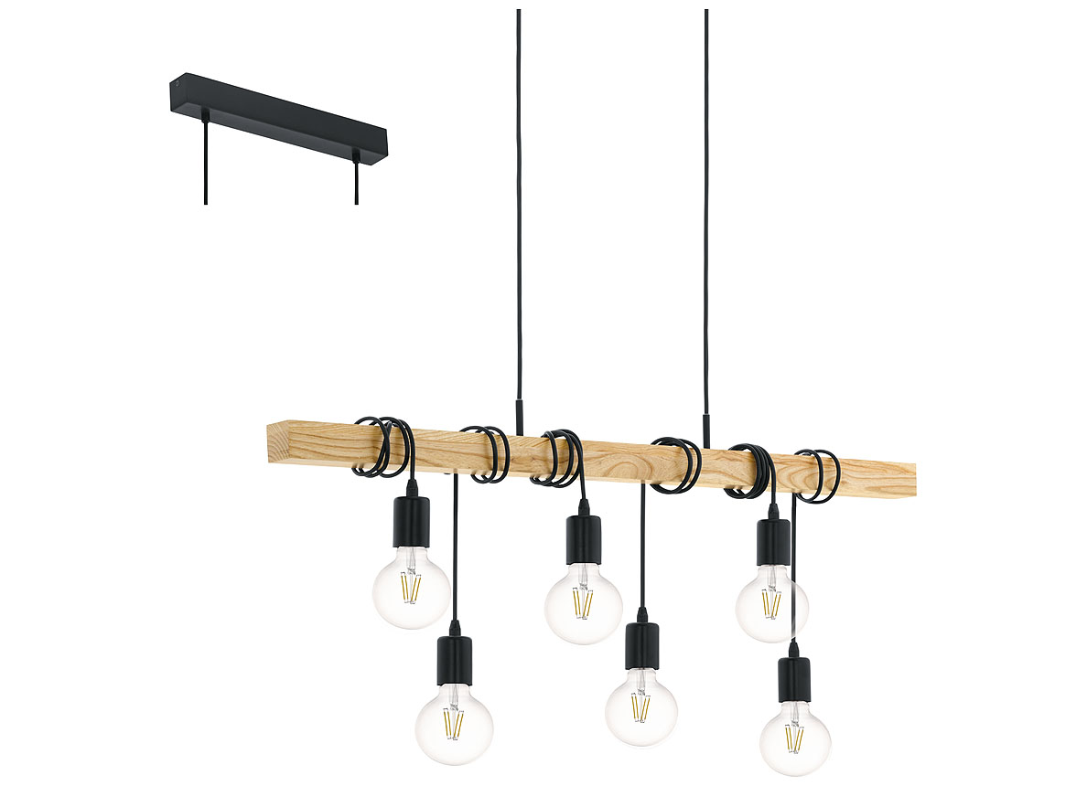 Eglo Hanglamp Zwart/hout Townshend 6x60w - elektriciteit - verlichting - sierverlichting - plafondverlichting - eglo hanglamp zwarthout townshend