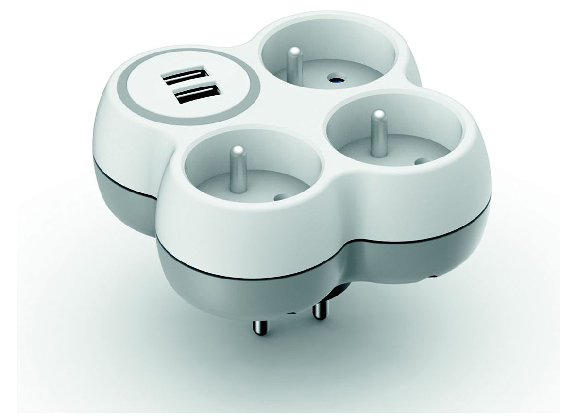 MULTIPRISE 3X16A + 2 PORTS USB BLANC/GRIS