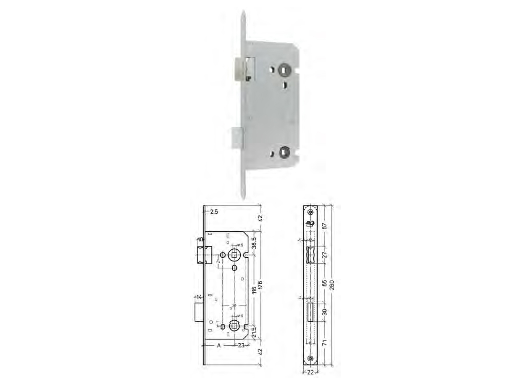 SERRURE DE TOILETTE A ENTAILLER LANCANT REVERSIBLE 116X55MM