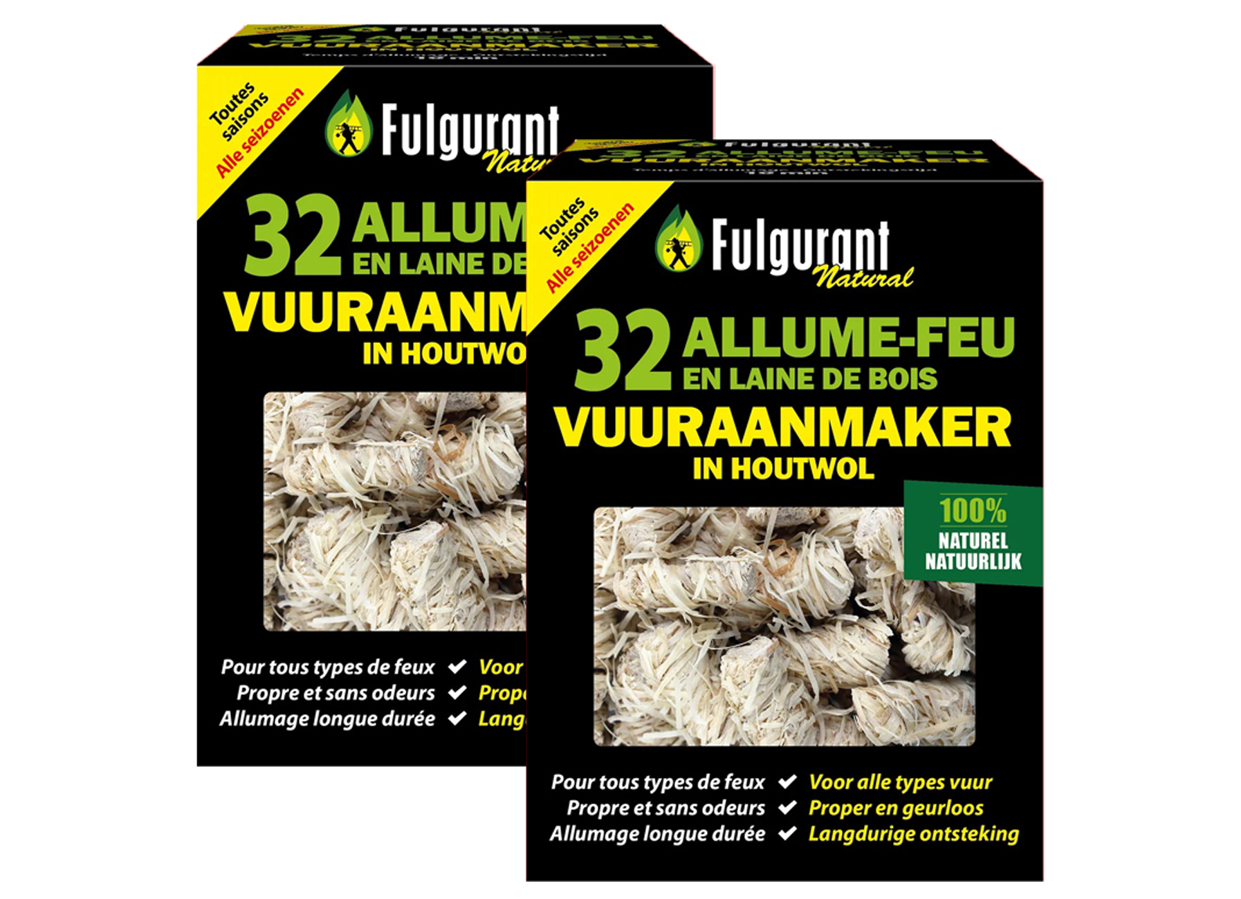 DUOPACK FULGURANT ALLUME FEU LAINE DE BOIS 32 PIECES