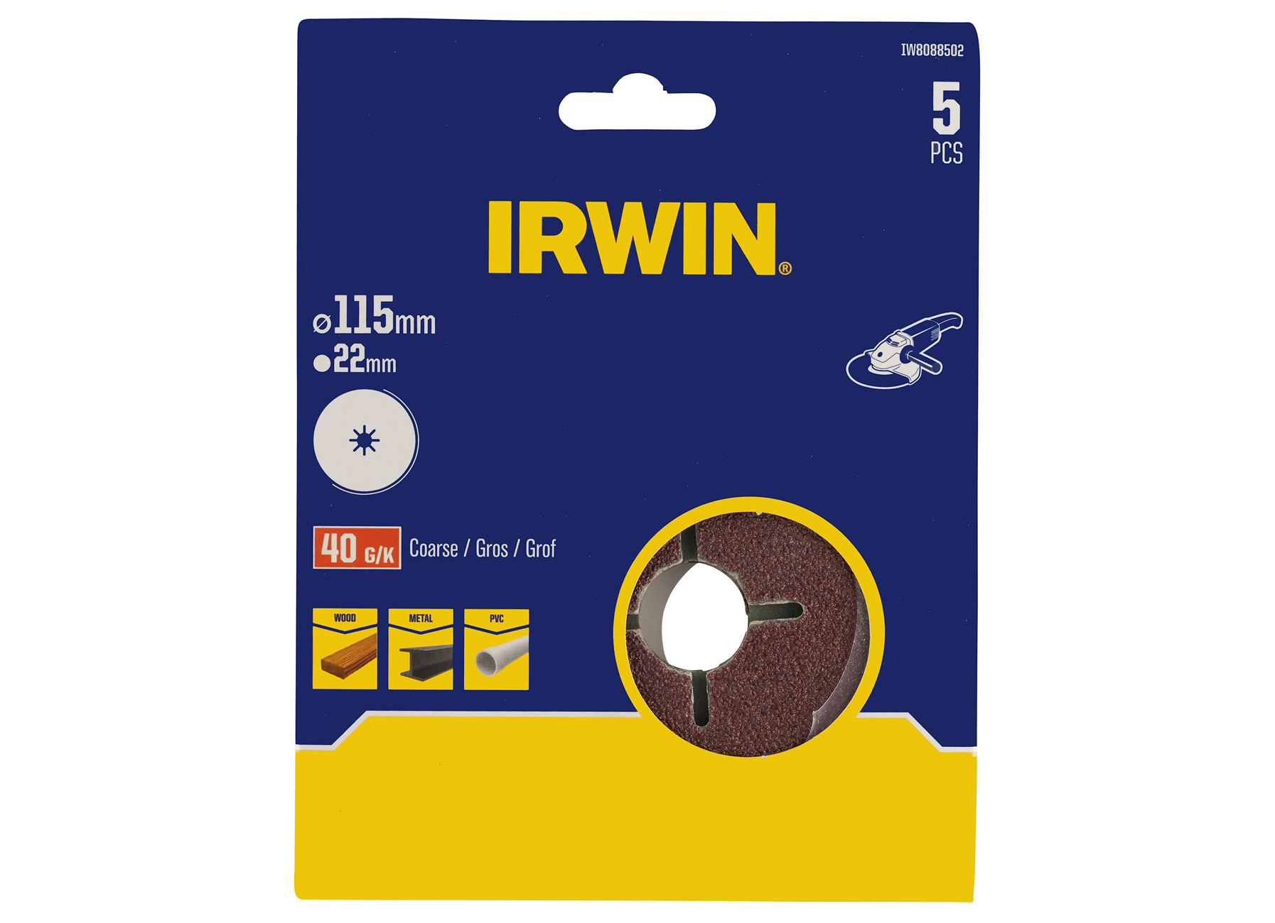 IRWIN DISQUES ABRASIFS POUR TOUTES MARQUES MEULEUSES D'ANGLE Ø 115MM, K40 (combiner avec IW8086209)