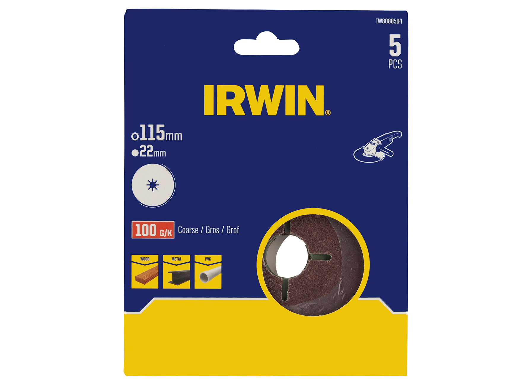 IRWIN DISQUES ABRASIFS POUR TOUTES MARQUES MEULEUSES D'ANGLE Ø 115MM, K100 (combiner avec IW8086209)