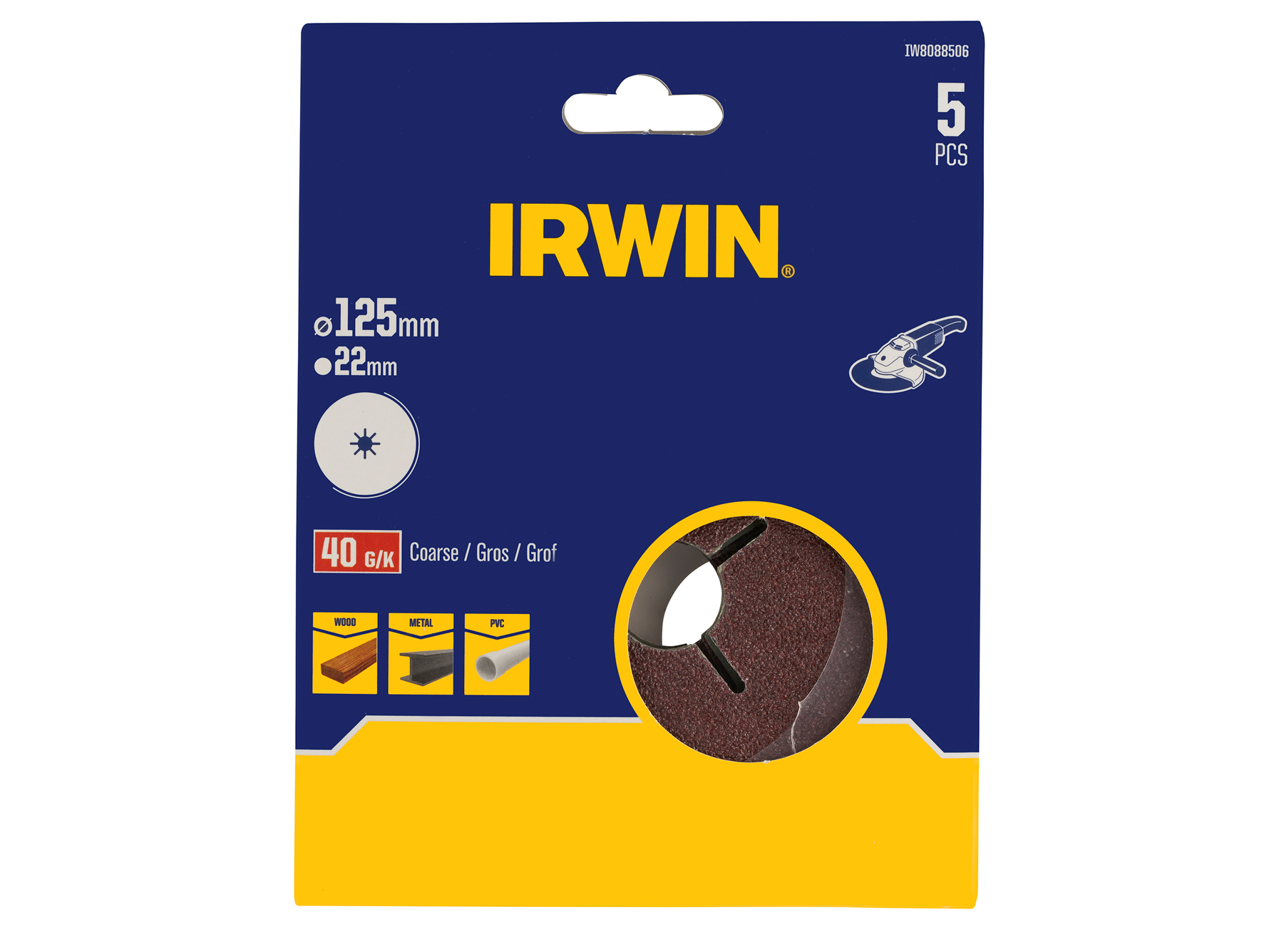 IRWIN DISQUES ABRASIFS POUR TOUTES MARQUES MEULEUSES D'ANGLE Ø 125MM, K100 (combiner avec IW8086210)