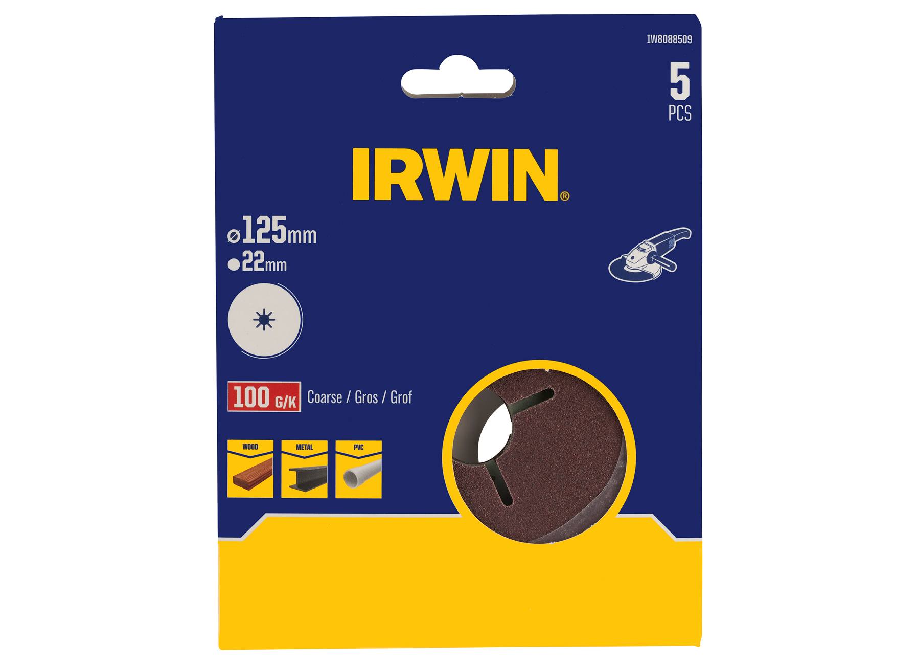 IRWIN DISQUES ABRASIFS POUR TOUTES MARQUES MEULEUSES D'ANGLE Ø 125MM, K60 (combiner avec IW8086210)
