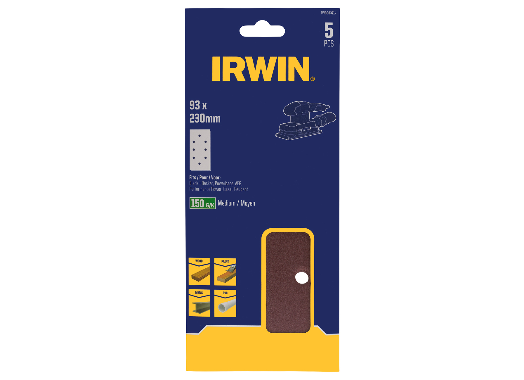 IRWIN PAPIERS ABRASIFS 1/3 VIBRANTE (LES PLUS DE B+D,  AEG, PEUGEOT) Ø189X91MM AVEC PINCE, PAPIER 230X93MM, K150   