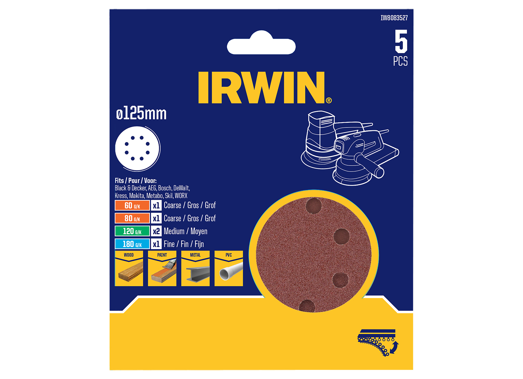 IRWIN DISQUES ABRASIFS Ø150MM VELCRO SET G60, G80, G120 ET G180