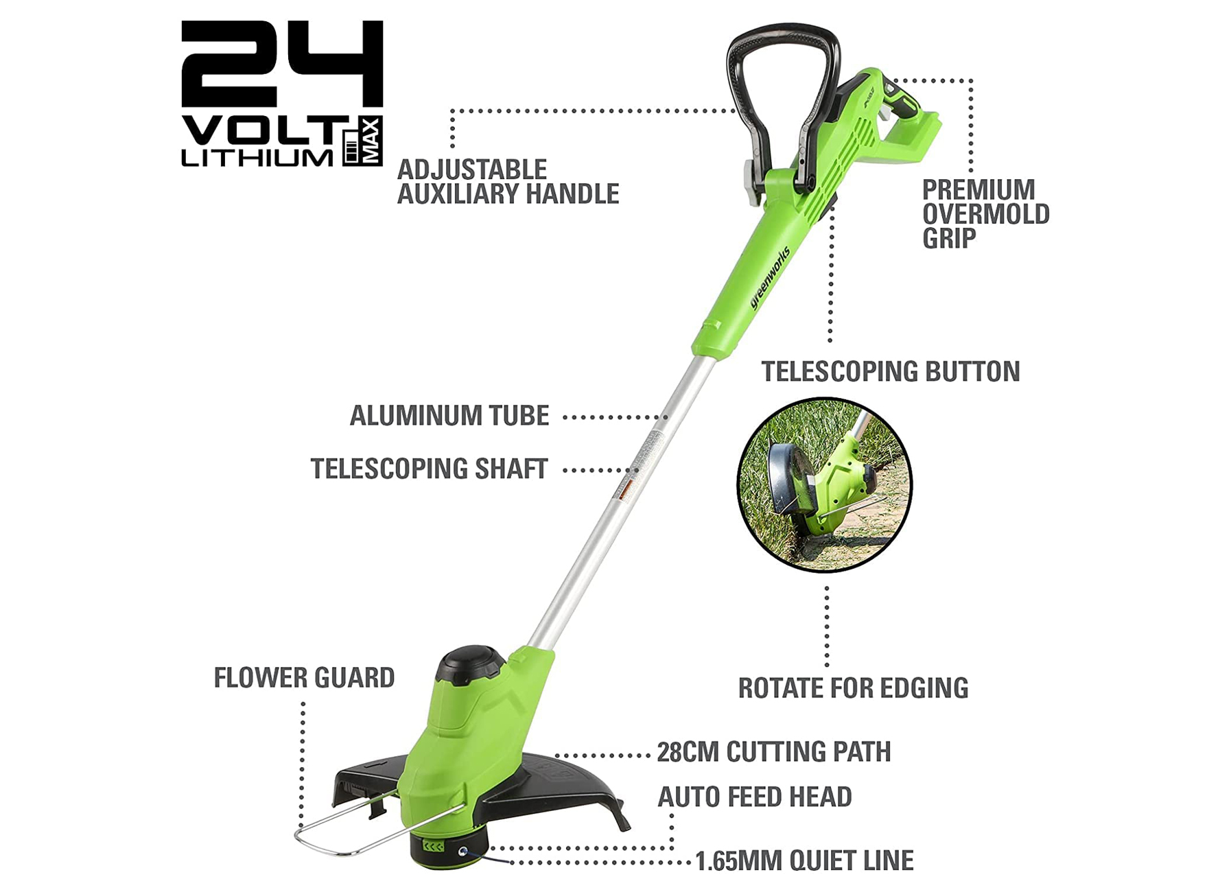 GREENWORKS COUPE-BORDURES ACCU 28CM 24V G24LT28K2 + BATTERIE 2AH + CHARGEUR