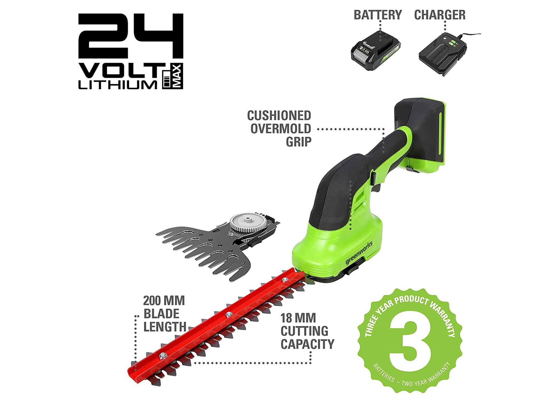 GREENWORKS TAILLE-HAIES + COUPE BORDURES 2-EN-1 24V G24SHTK2 2 AH BATTERIE + CHARGEUR