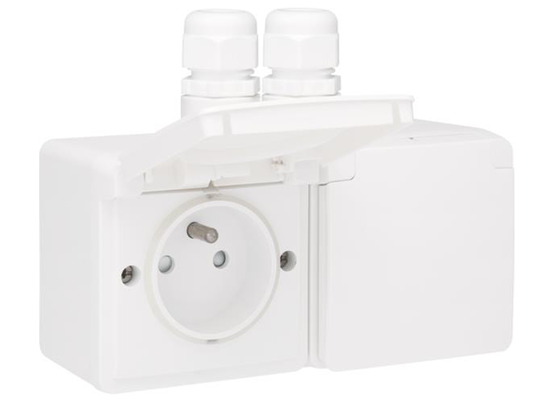 NIKO HYDRO PRISE HORIZONTALE DOUBLE 2 ENTREES AVEC BROCHE DE TERRE BLANC