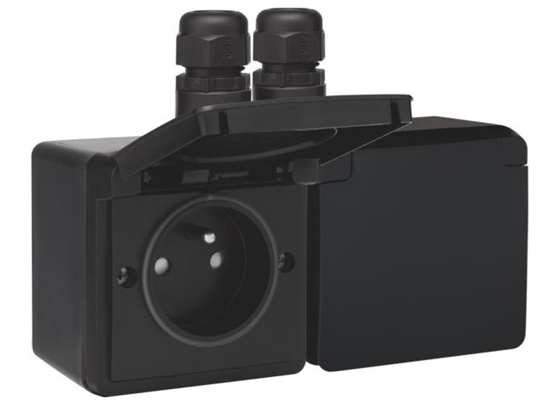 NIKO HYDRO DUBBEL HORIZONTAAL STOPCONTACT 2 INGANGEN MET PENAARDE ZWART