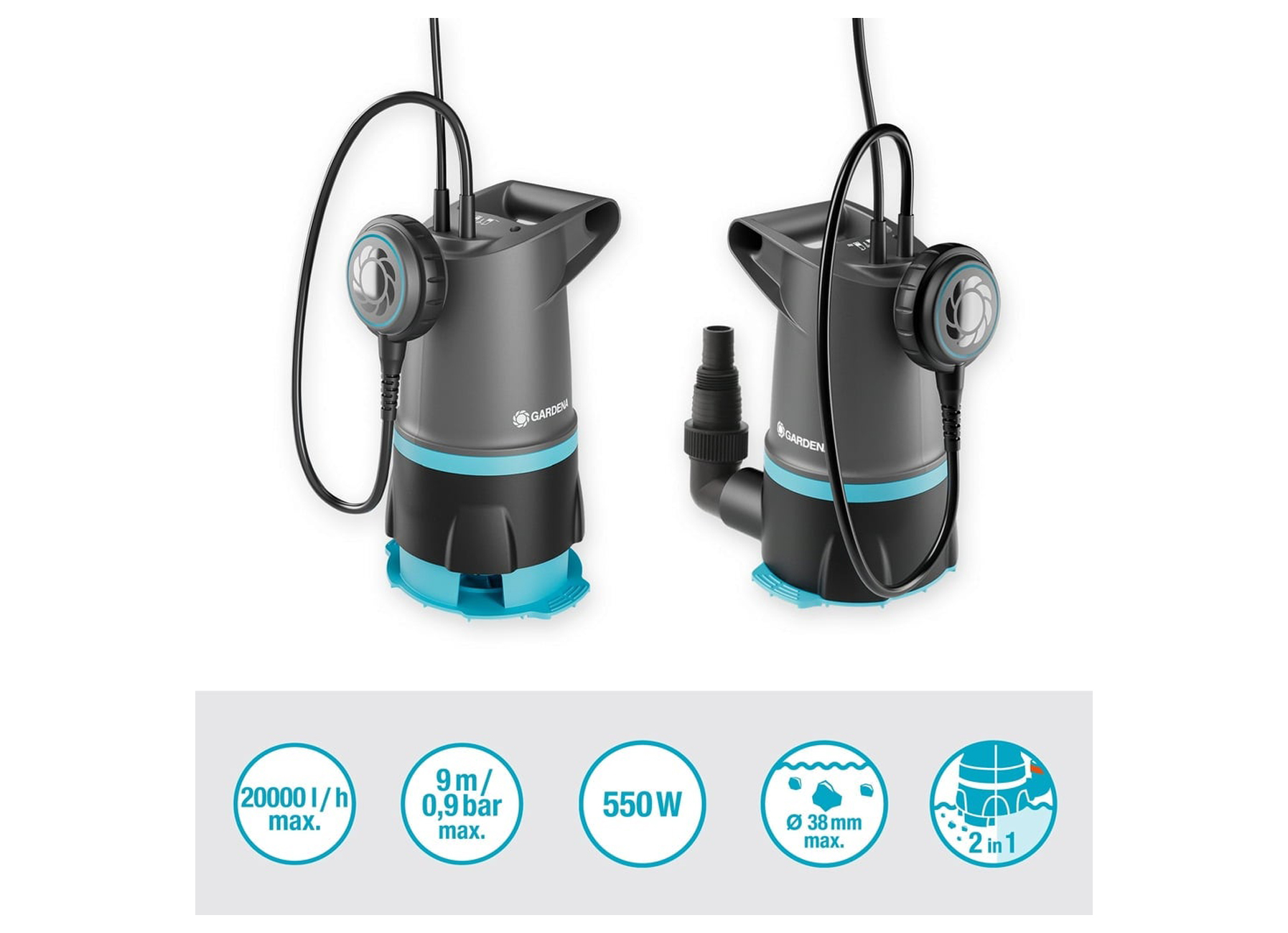 GARDENA POMPE D'EVACUATION POUR EAUX PROPRES/CHARGEES 20000 BASIC 2-EN-1