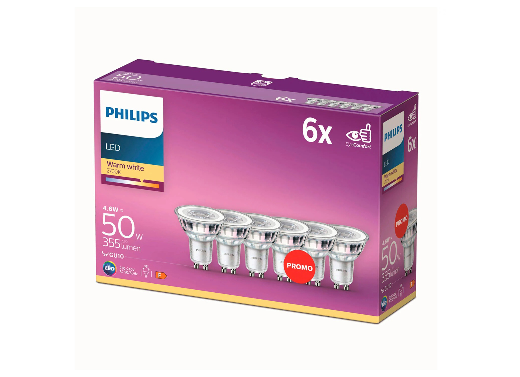 PHILIPS LED CLASSIC 4,6W GU10 WARM WIT 36° NIET-DIMBAAR - 6 STUKS