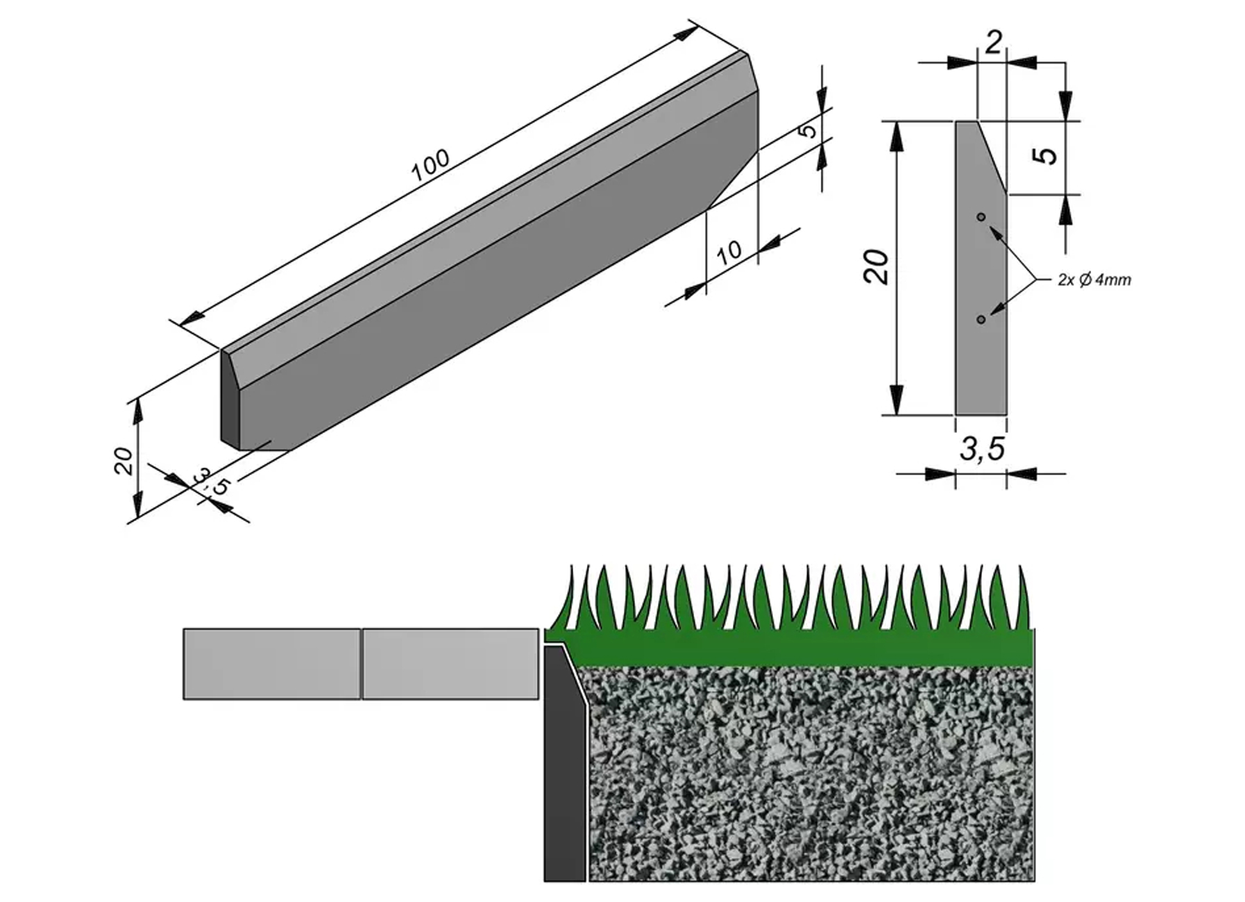 BORDURE EN BETON BISEAUTEE 100X20X3,5CM